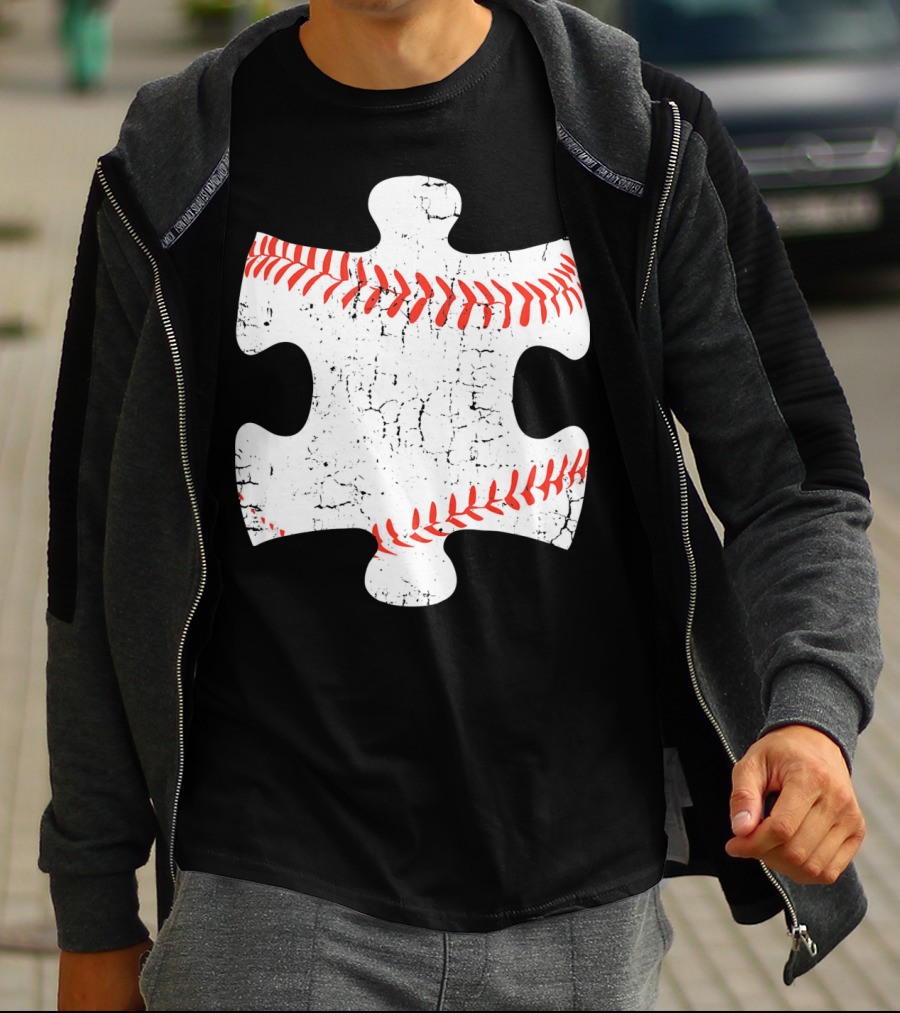 Baseball Stitch Puzzle Piece Autism Awareness T-Shirt