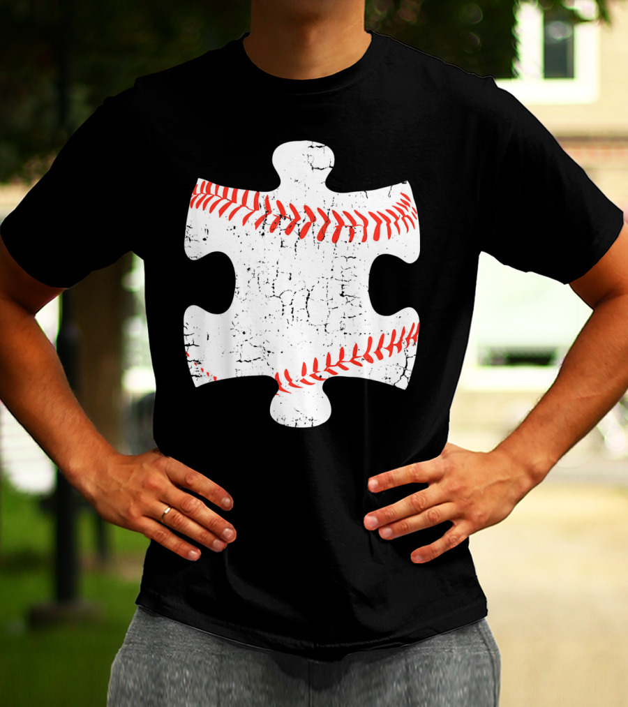 Baseball Stitch Puzzle Piece Autism Awareness T-Shirt