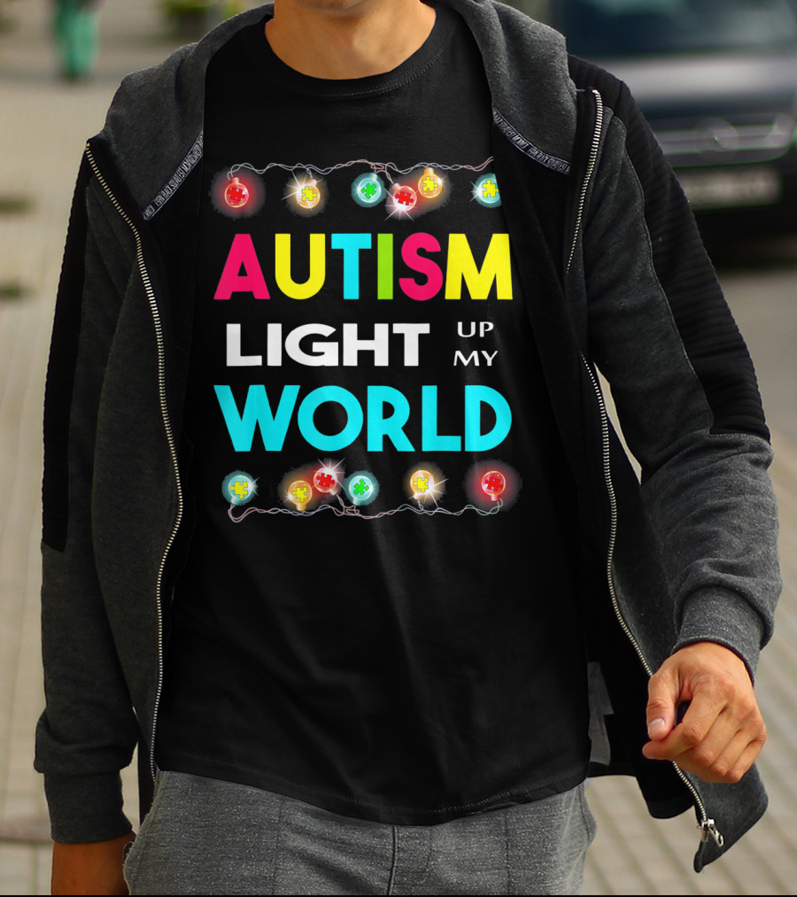 Autism Light Up My World Autism Awareness Puzzle String Lights T-Shirt