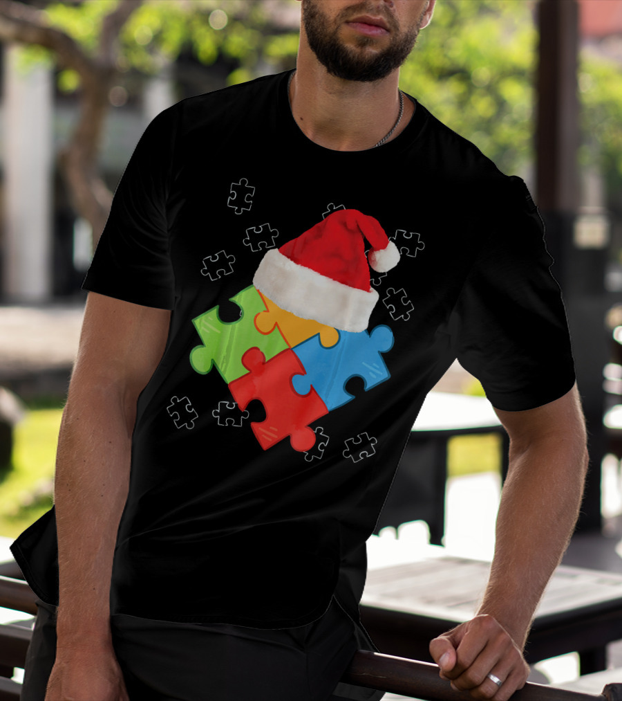 Autism Puzzle Pieces With Santa Hat Holiday T-Shirt