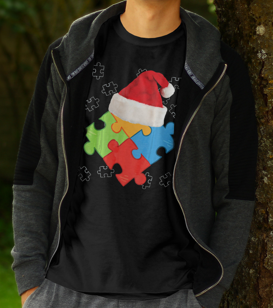 Autism Puzzle Pieces With Santa Hat Holiday T-Shirt