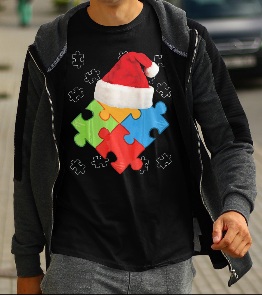 Autism Puzzle Pieces With Santa Hat Holiday T-Shirt