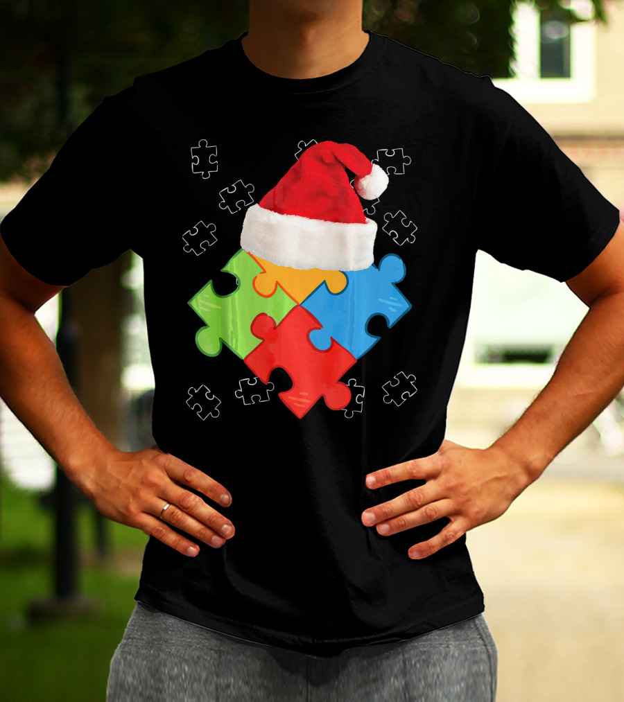 Autism Puzzle Pieces With Santa Hat Holiday T-Shirt