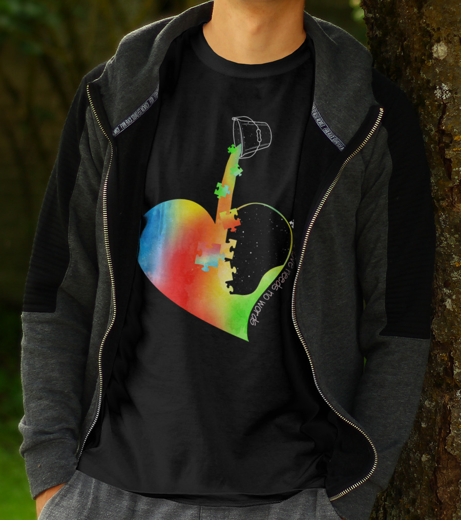 Love Needs No Words Autism Awareness Heart With Puzzle Pieces And Paint Bucket T-Shirt