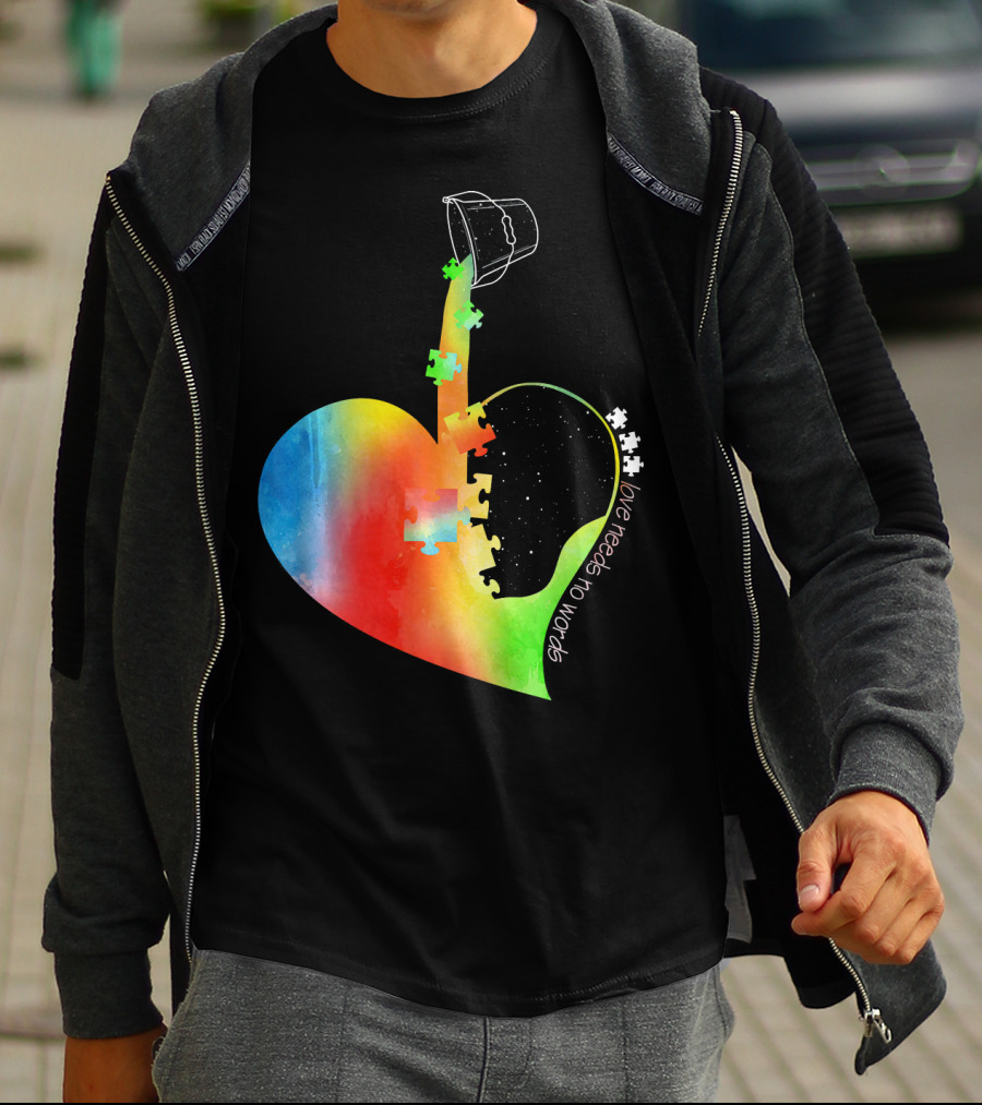 Love Needs No Words Autism Awareness Heart With Puzzle Pieces And Paint Bucket T-Shirt