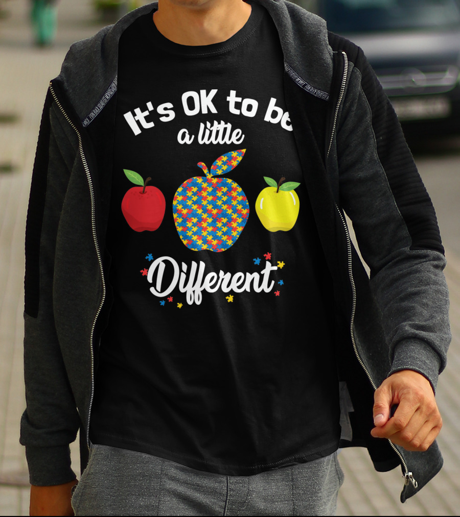It's OK To Be A Little Different Apple Teacher Aut Puzzle Pattern Red Yellow T-Shirt