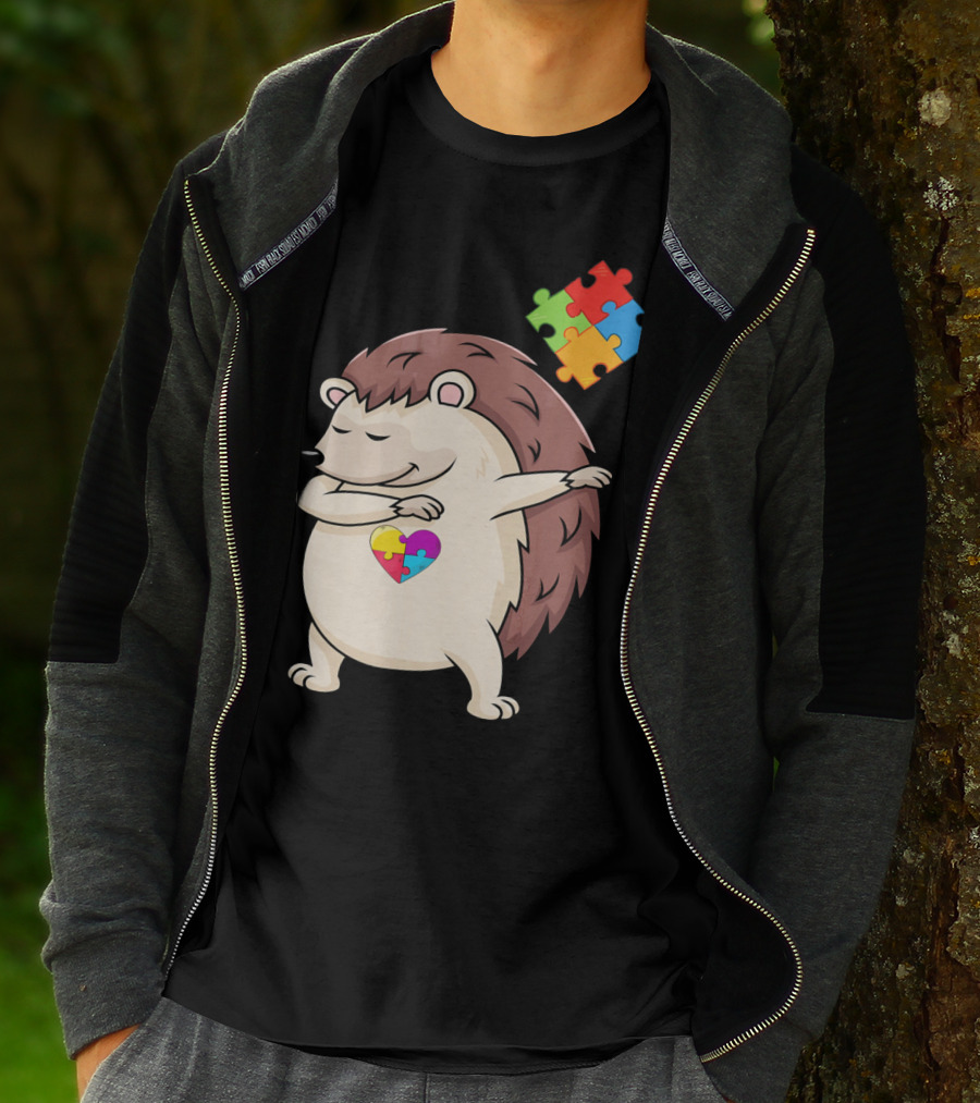 Hedgehog Dabbing With Puzzle Pieces Heart Autism Awareness T-Shirt