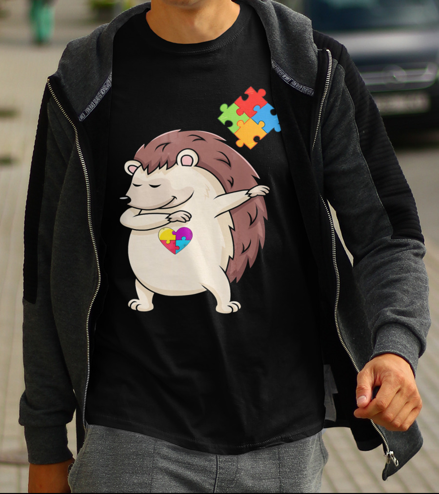 Hedgehog Dabbing With Puzzle Pieces Heart Autism Awareness T-Shirt