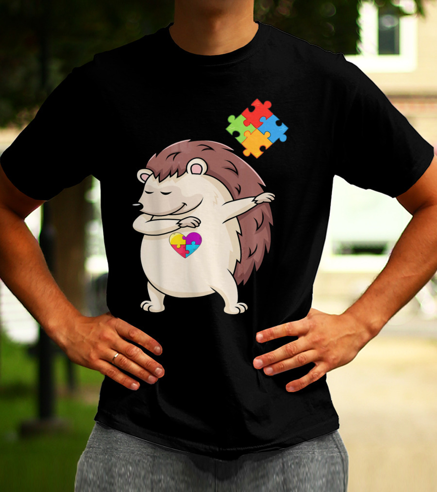Hedgehog Dabbing With Puzzle Pieces Heart Autism Awareness T-Shirt