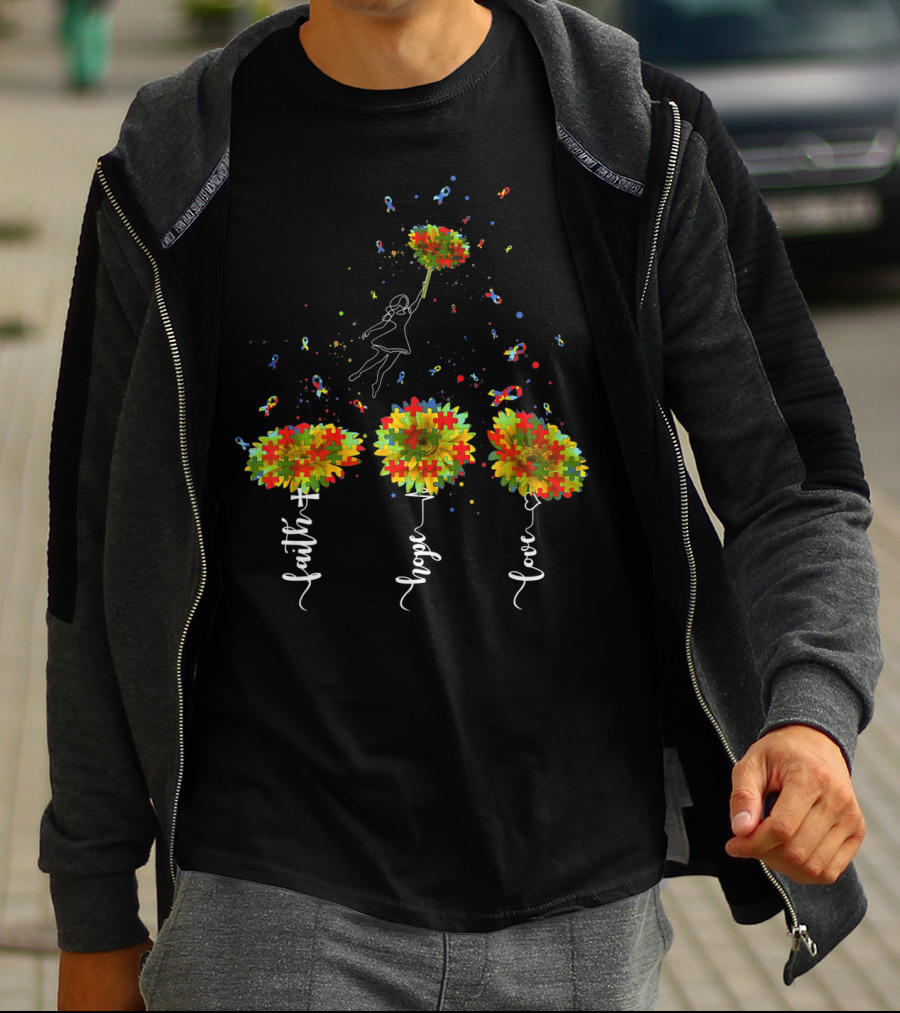 Faith Hope Love Sunflower Puzzle Pieces Balloon T-Shirt