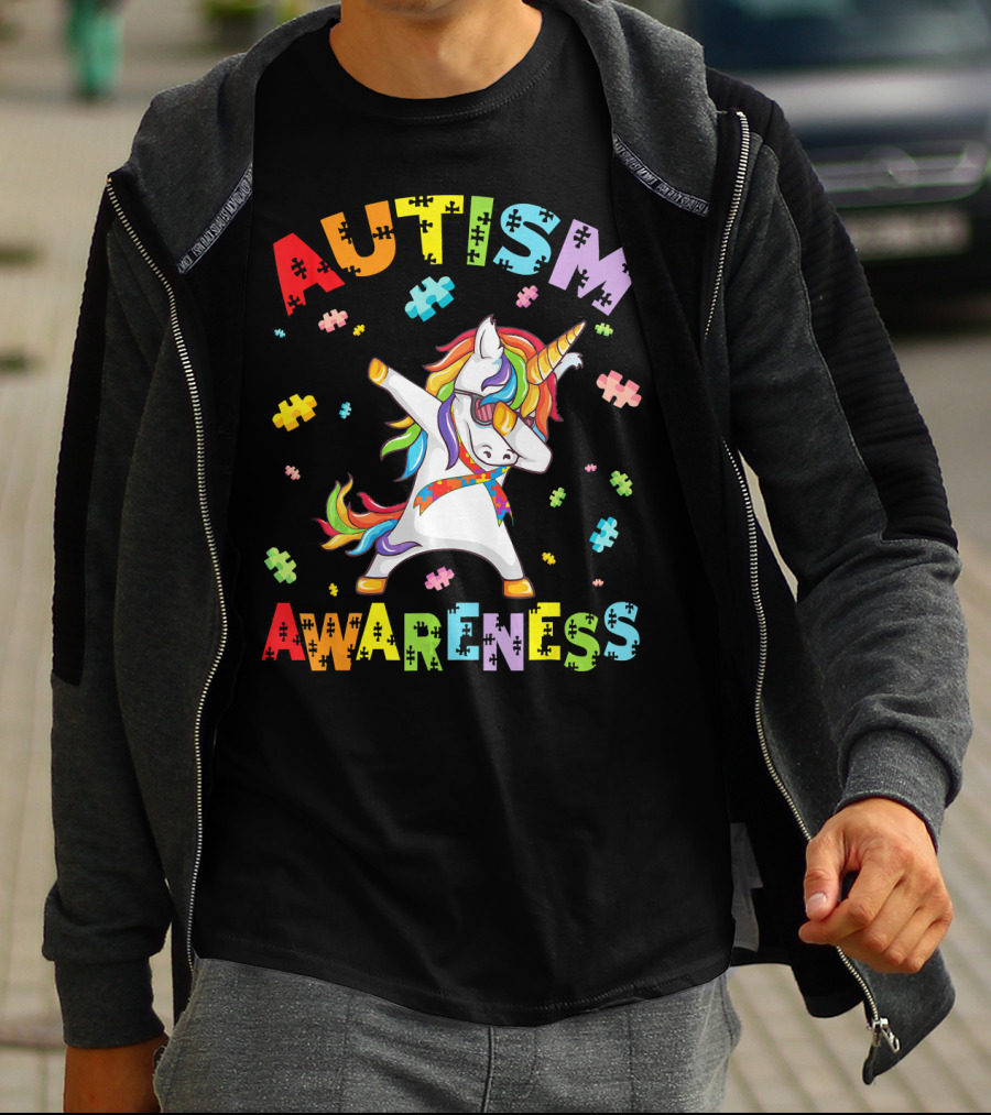 Autism Awareness Cute Unicorn Dabbing With Puzzle Pieces T-Shirt