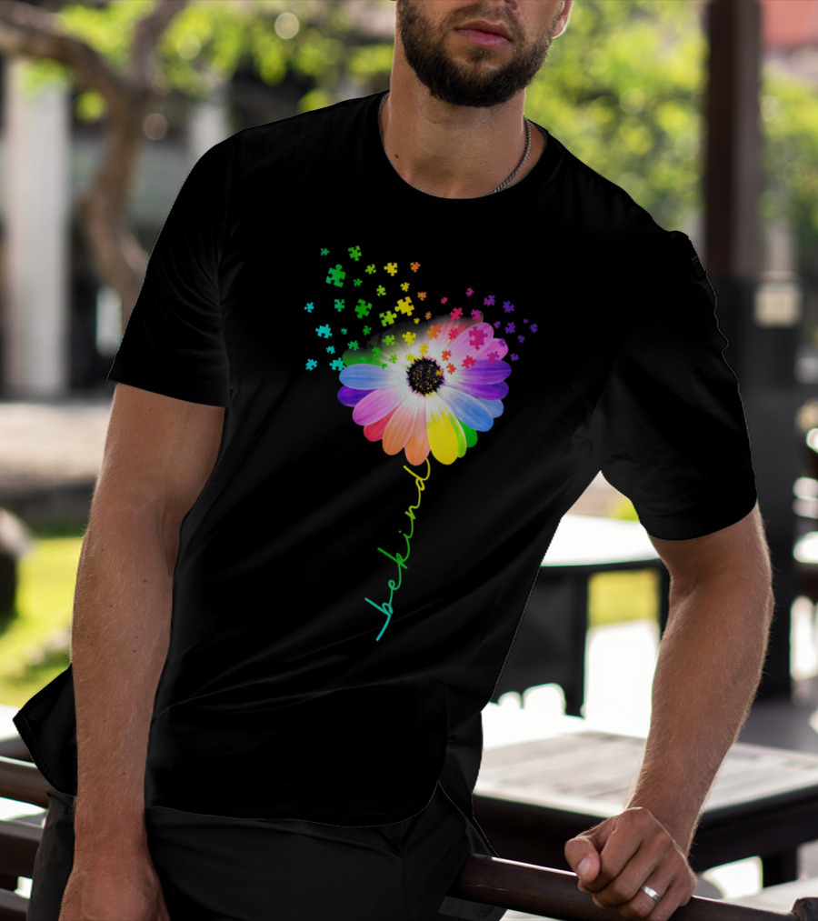 Flower Daisy Dandelion Be Kind Rainbow Puzzle Autism Awareness T-Shirt