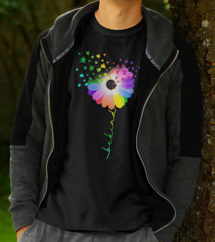 Flower Daisy Dandelion Be Kind Rainbow Puzzle Autism Awareness T-Shirt