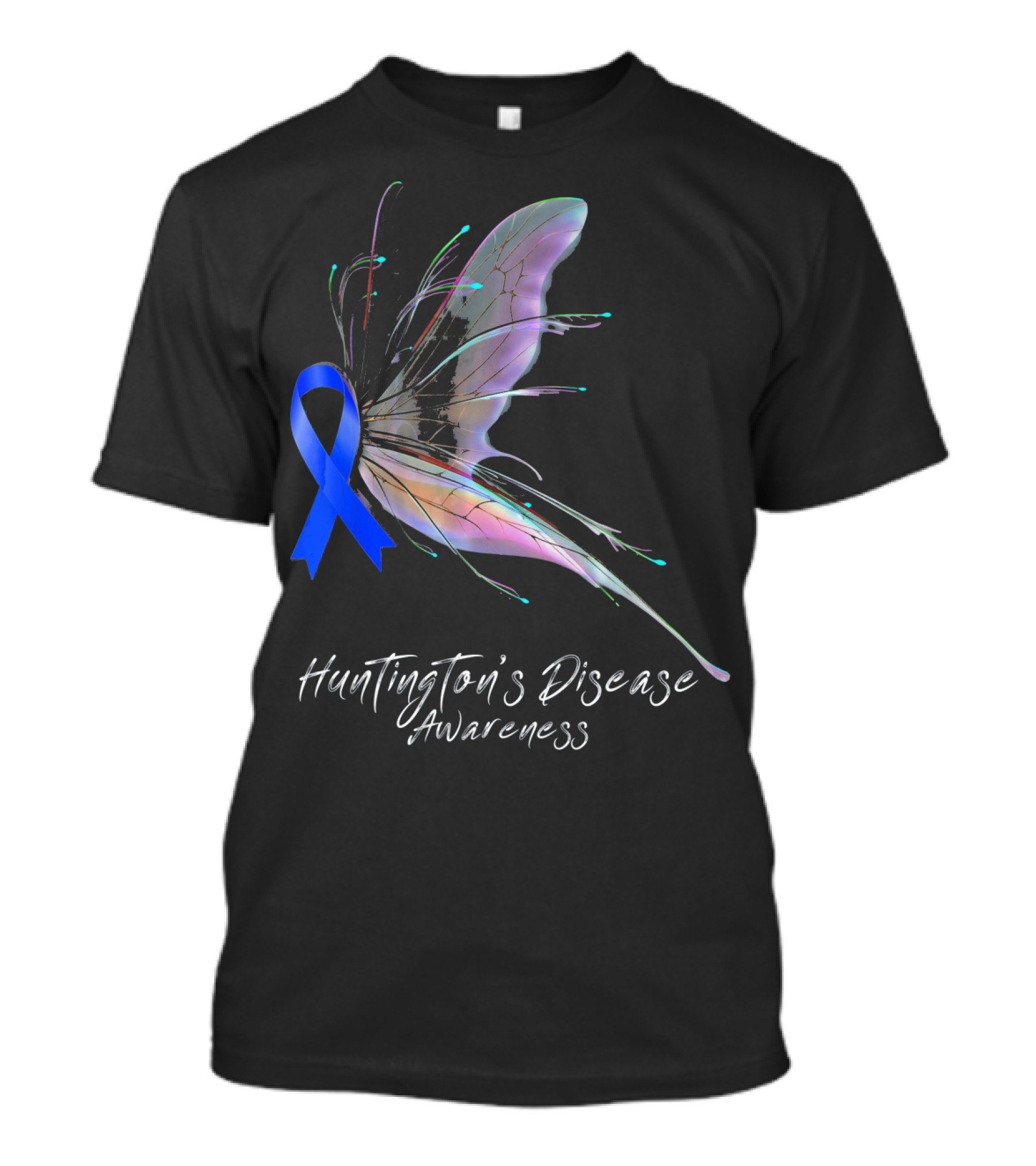 Huntington's Disease Awareness Blue Ribbon Butterfly T-Shirt