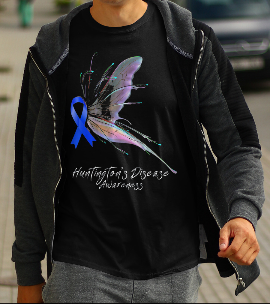 Huntington's Disease Awareness Blue Ribbon Butterfly T-Shirt