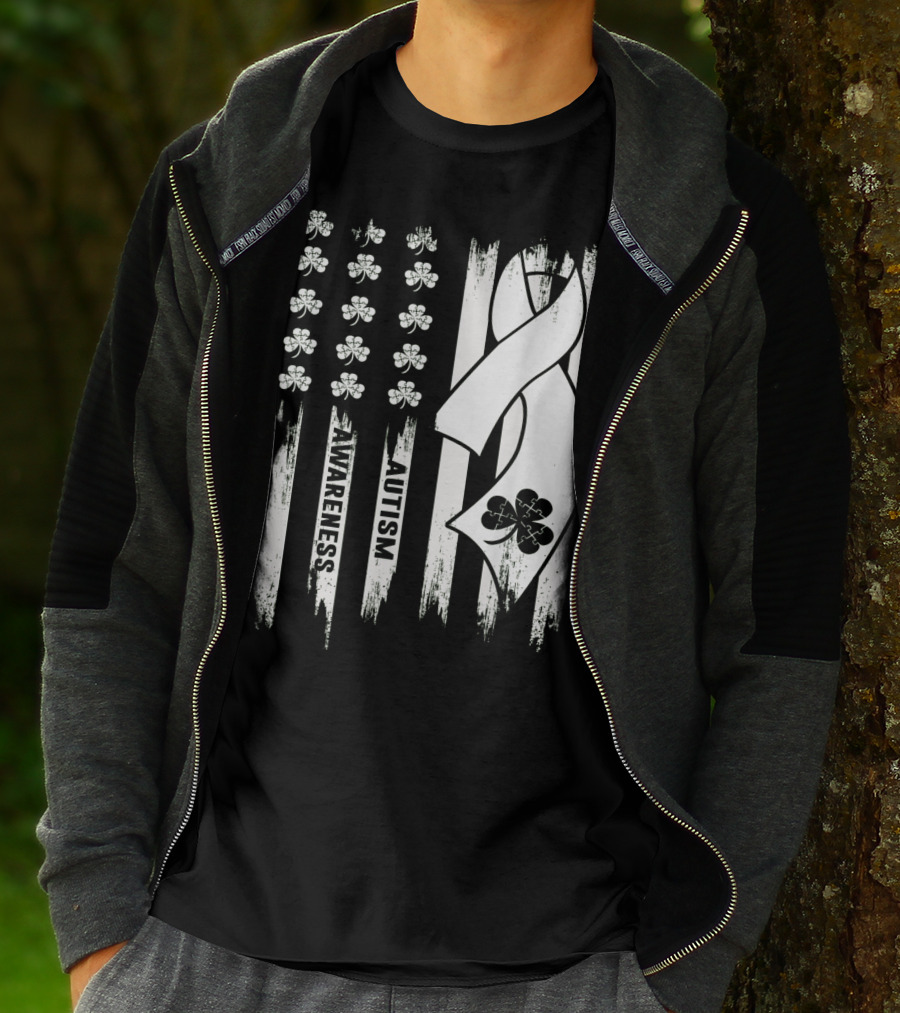 Autism Awareness Ribbon Patrick's Day American Flag Clover T-Shirt