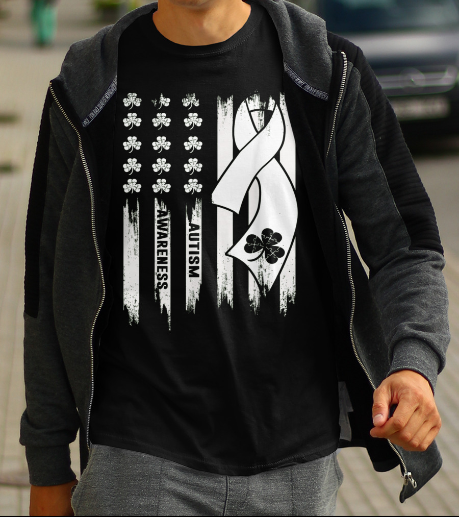 Autism Awareness Ribbon Patrick's Day American Flag Clover T-Shirt