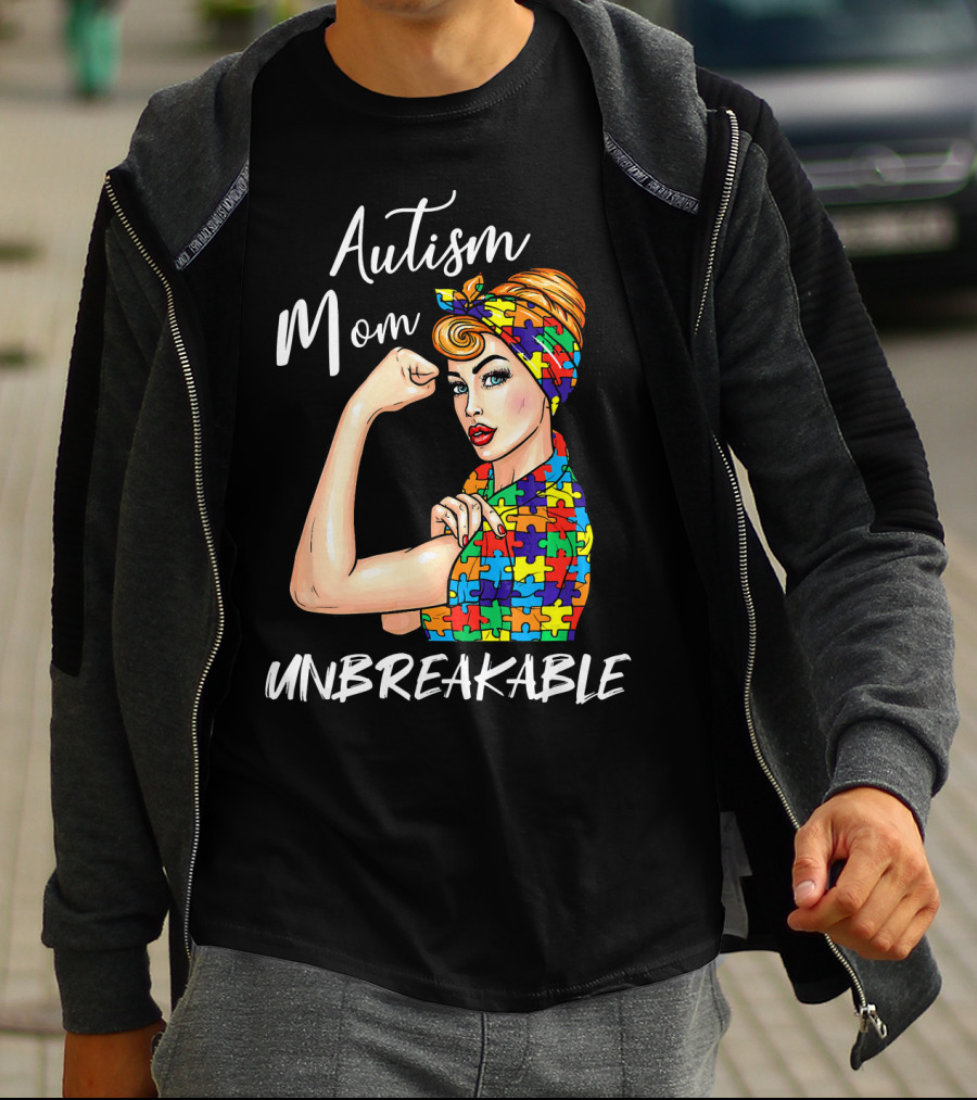 Autism Mom Unbreakable Autistic Puzzle Pattern Rosie The Riveter T-Shirt