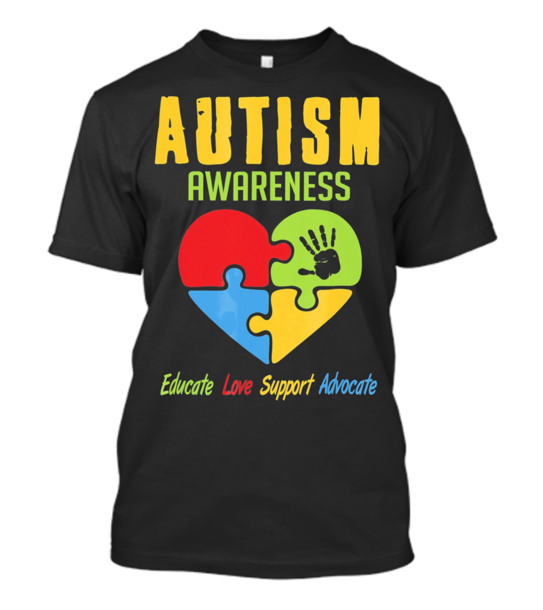 Autism Awareness Advocate Educate Love Support Puzzle Heart Handprint T-Shirt