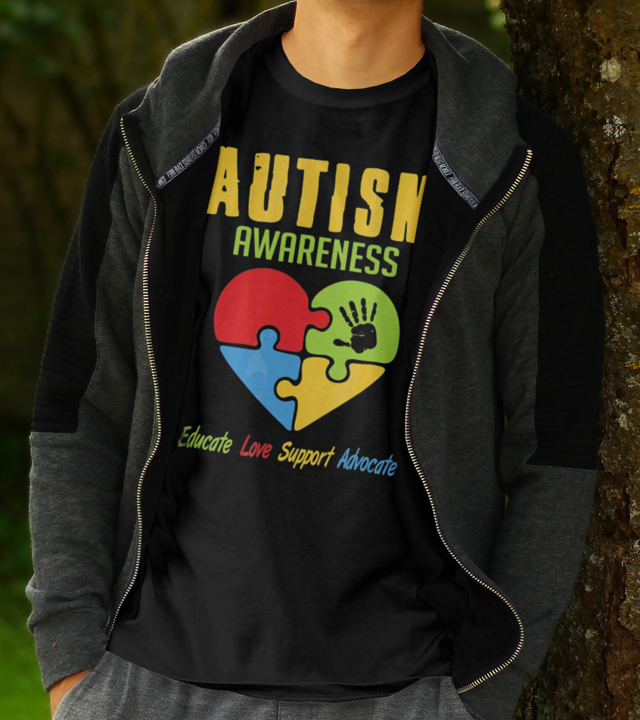 Autism Awareness Advocate Educate Love Support Puzzle Heart Handprint T-Shirt