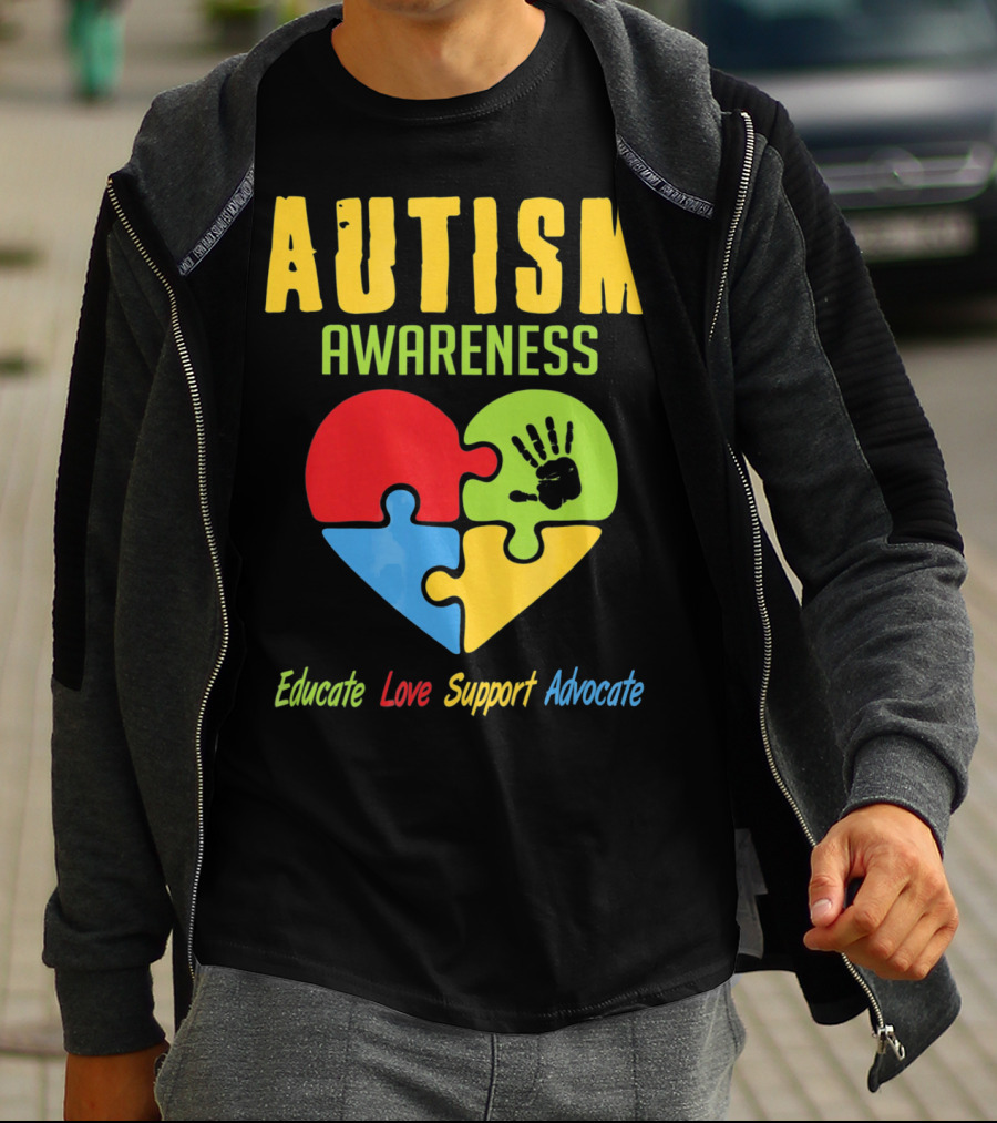 Autism Awareness Advocate Educate Love Support Puzzle Heart Handprint T-Shirt