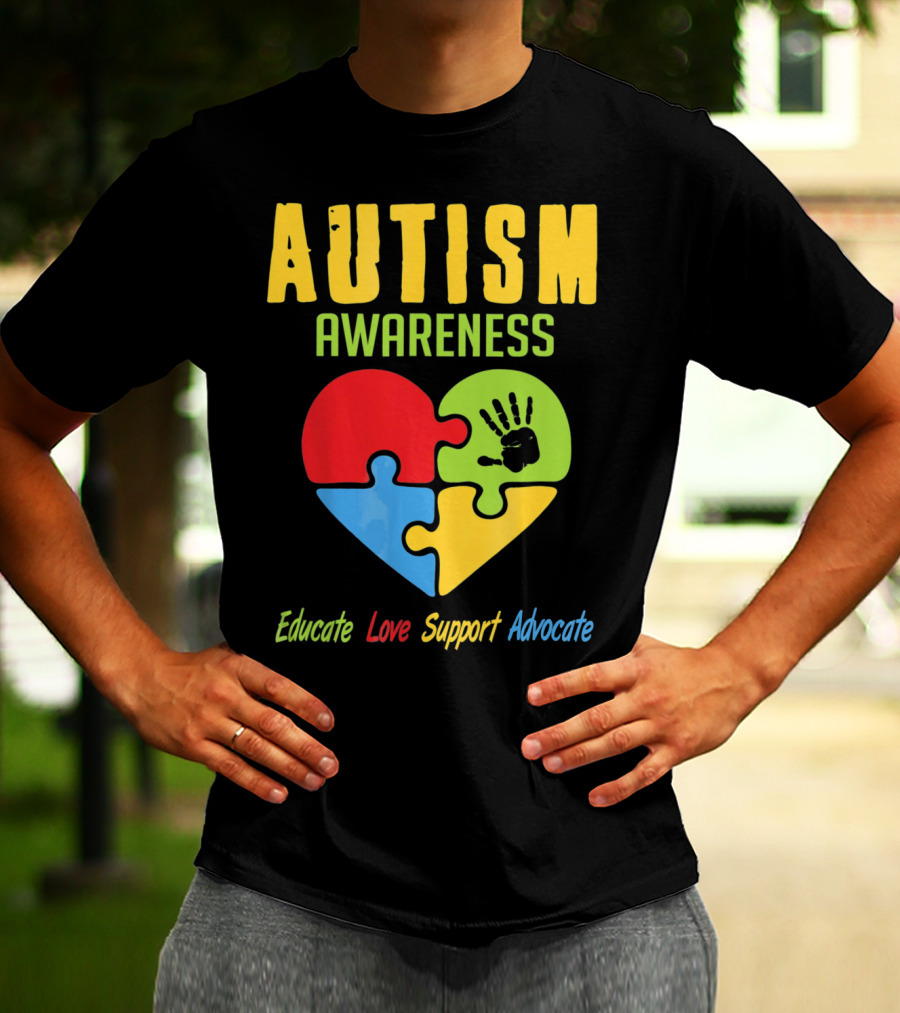 Autism Awareness Advocate Educate Love Support Puzzle Heart Handprint T-Shirt