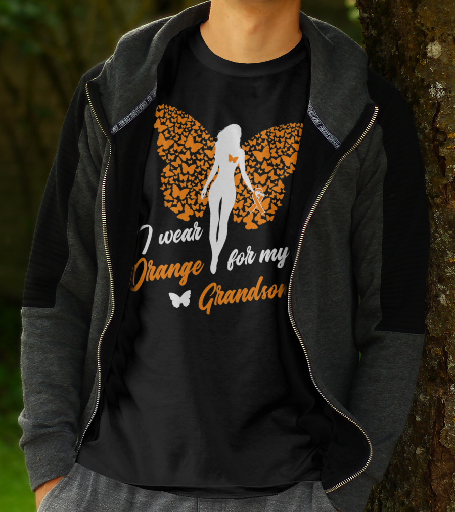 I Wear Orange For My Grandson Leukemia Butterfly Ribbon Awareness T-Shirt