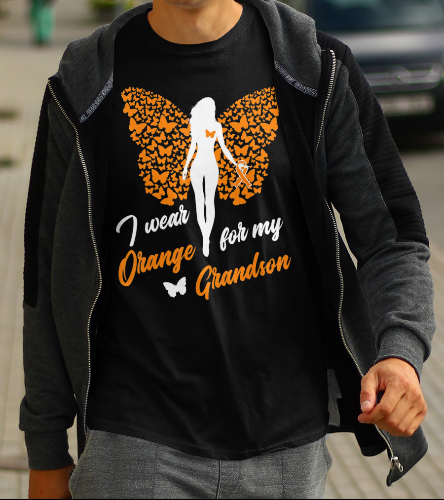 I Wear Orange For My Grandson Leukemia Butterfly Ribbon Awareness T-Shirt