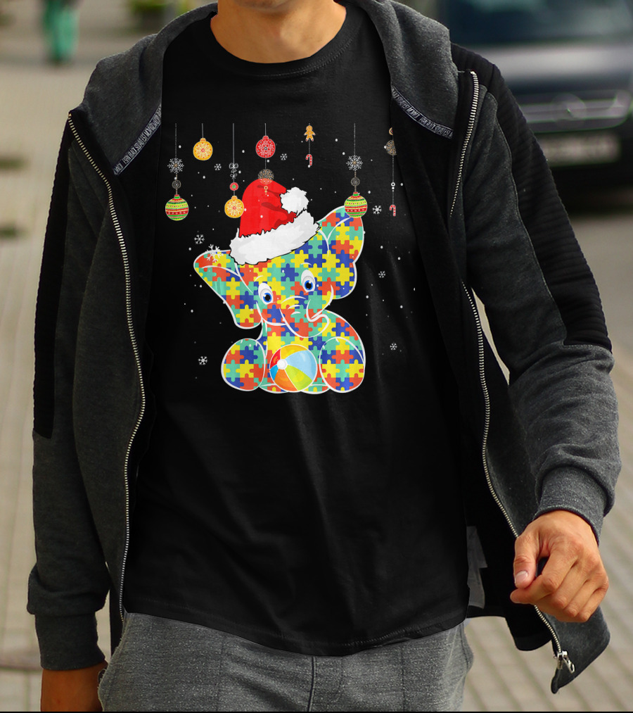 Festive Christmas Elephant In Santa Hat With Autism Puzzle T-Shirt