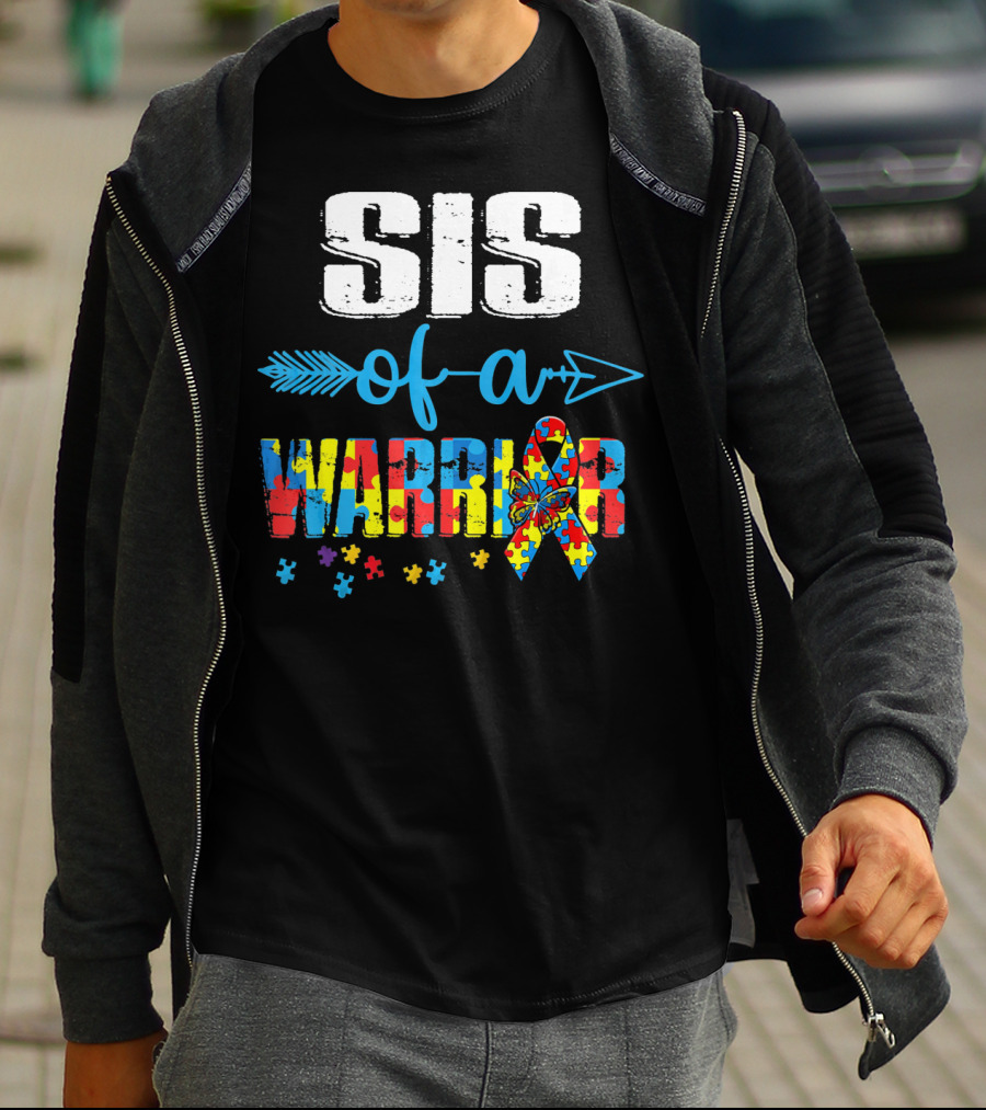 Sister Of A Warrior Autism Awareness Puzzle Ribbon Butterfly T-Shirt