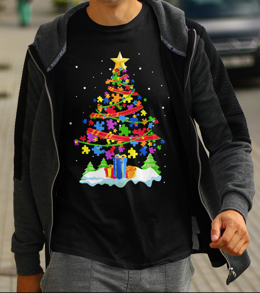 Autism Awareness Christmas Tree Puzzle Pieces Holiday Celebrations T-Shirt