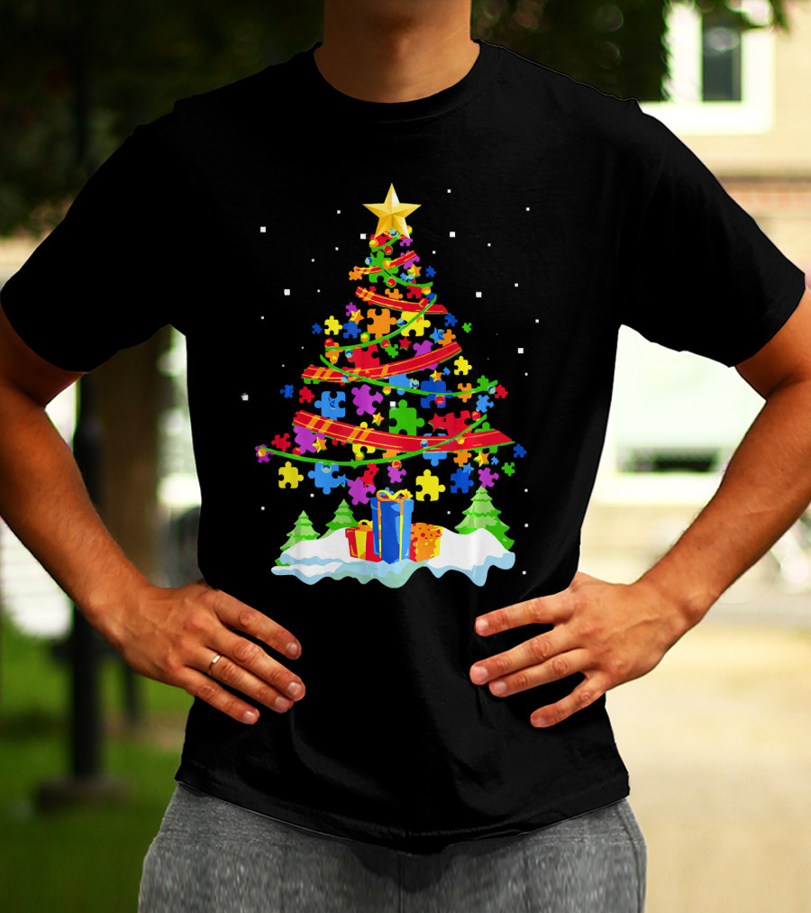 Autism Awareness Christmas Tree Puzzle Pieces Holiday Celebrations T-Shirt