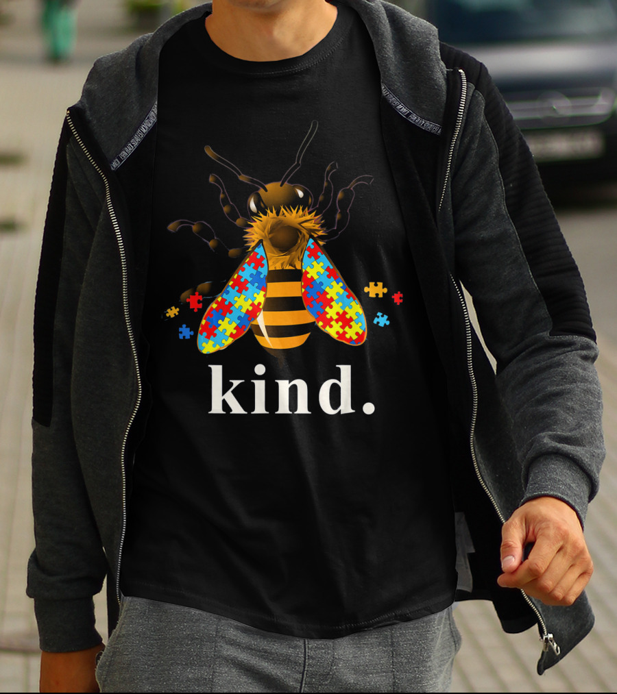 Autism Awareness Bee With Puzzle Piece Wings And Kind Text T-Shirt