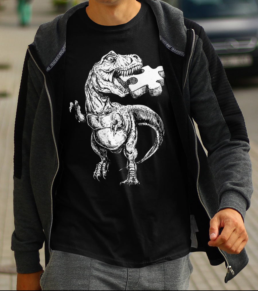 Cool Dinosaur Puzzle Piece Autism Awareness T-Shirt