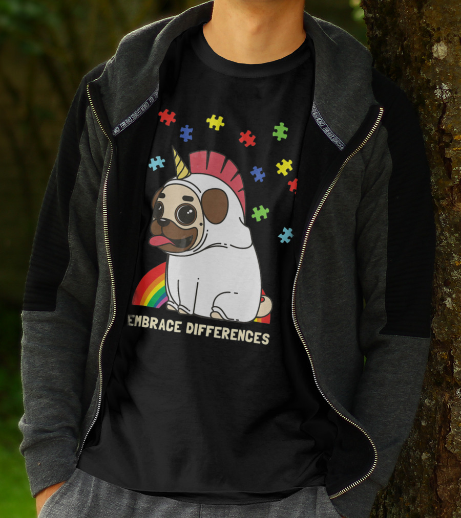 Embrace Differences Autism Awareness Unicorn Pug T-Shirt