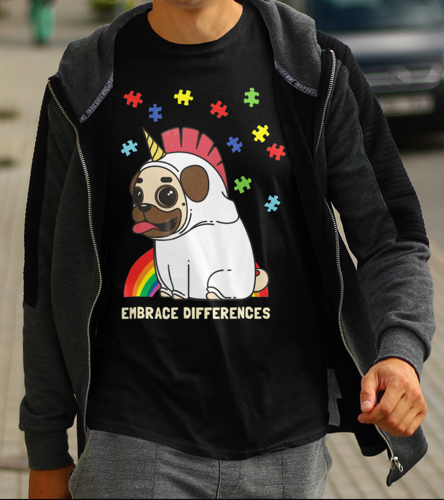 Embrace Differences Autism Awareness Unicorn Pug T-Shirt