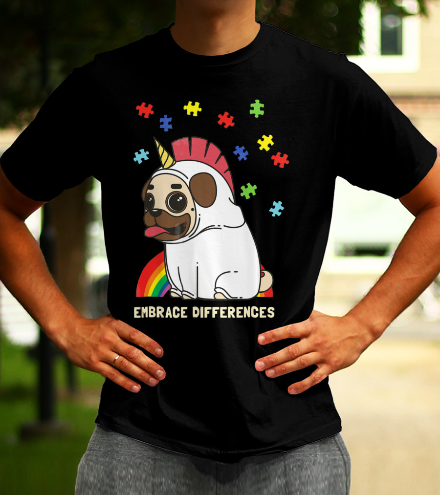 Embrace Differences Autism Awareness Unicorn Pug T-Shirt