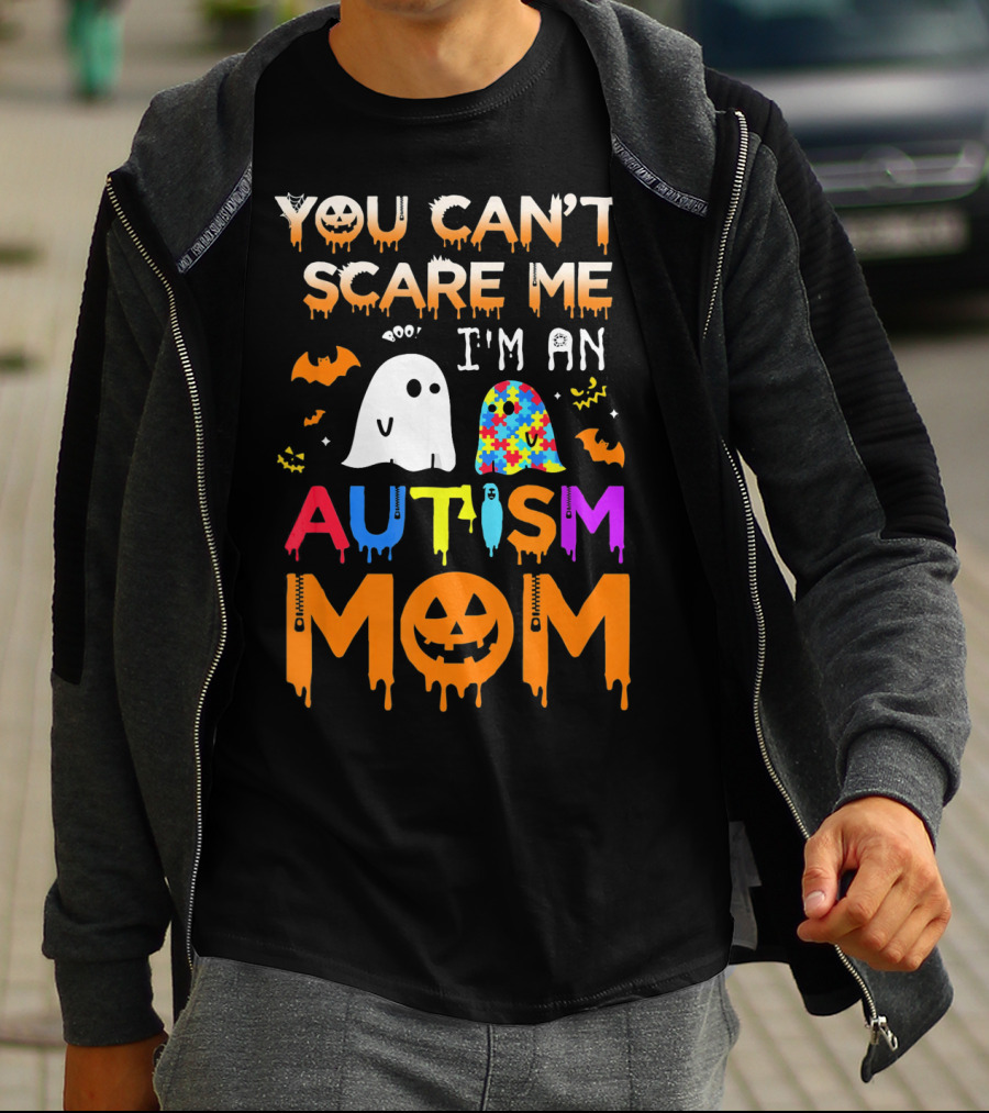 You Can't Scare Me I'm An Autism Mom With Ghosts And Bats Halloween T-Shirt