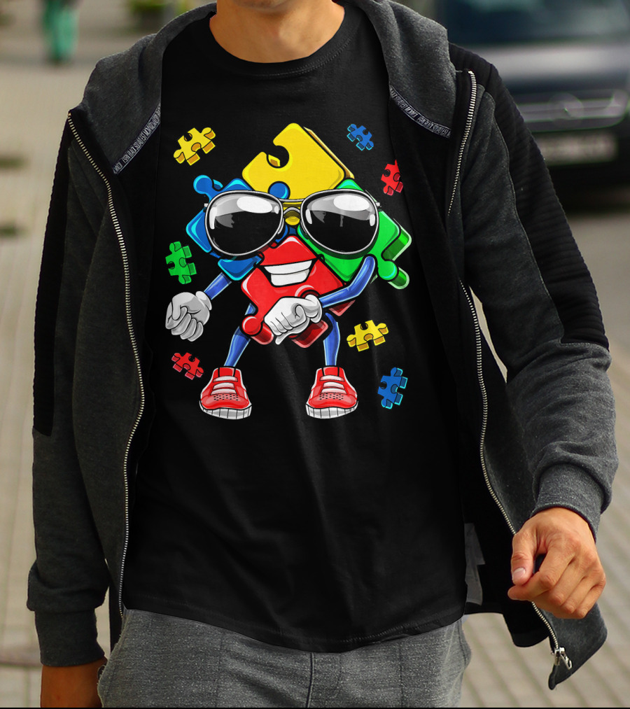 Autism Awareness Flossing Puzzle Piece With Sunglasses And Sneakers T-Shirt