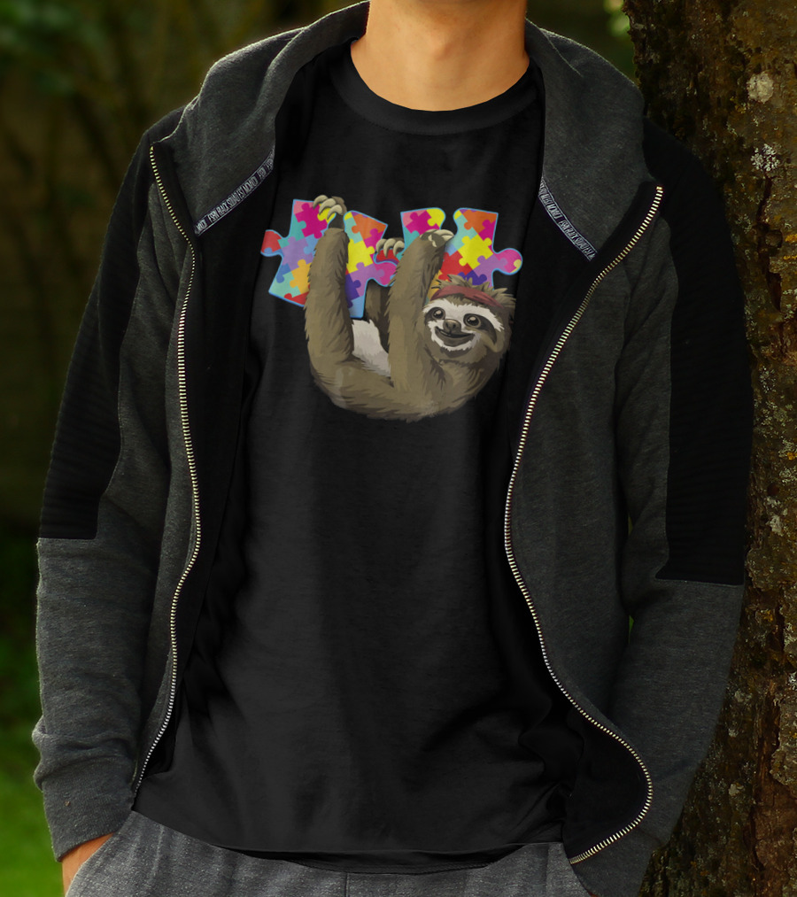 Sassy Sloth Holding Colorful Autism Awareness Puzzle Pieces T-Shirt