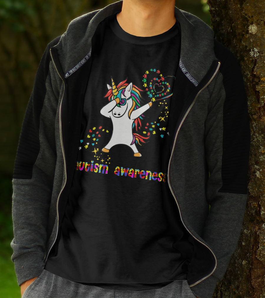 Autism Awareness Dabbing Unicorn Rainbow Puzzle Heart T-Shirt