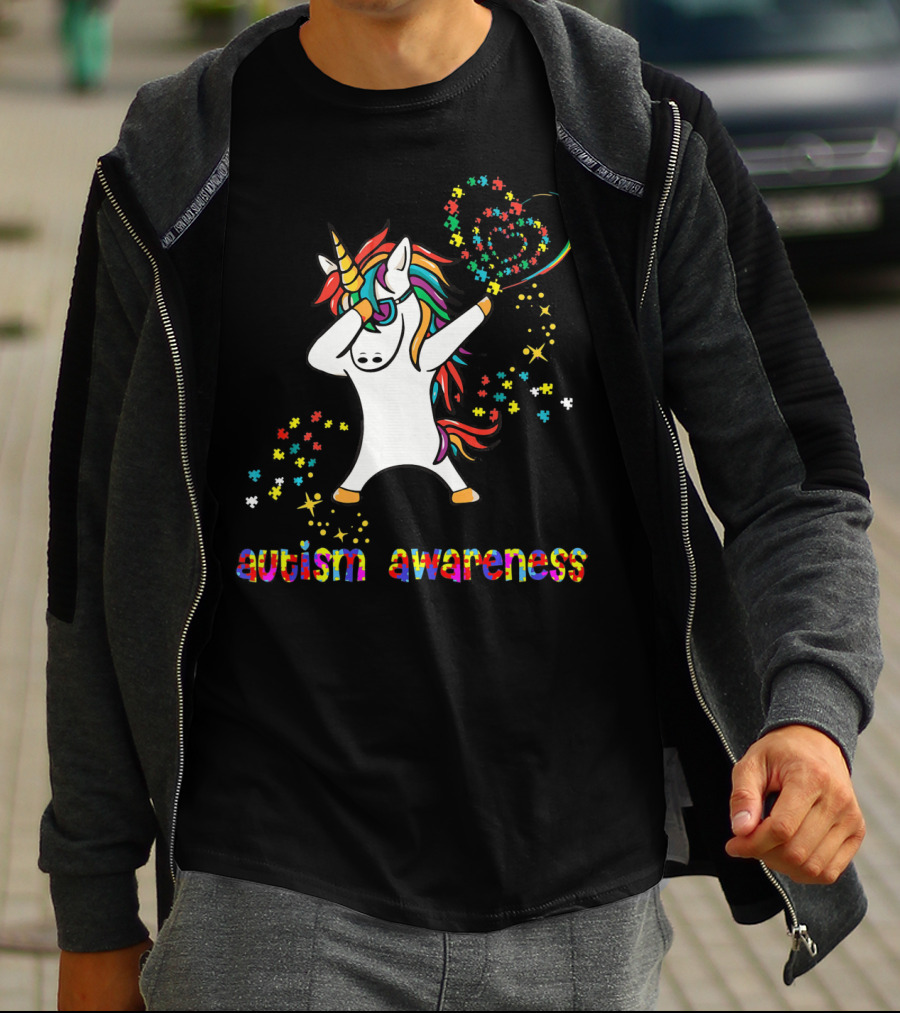 Autism Awareness Dabbing Unicorn Rainbow Puzzle Heart T-Shirt