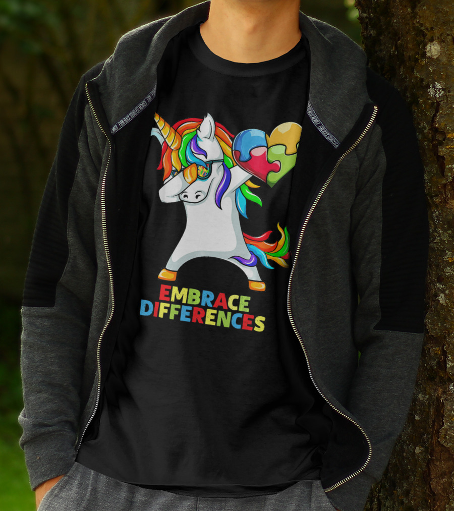 Dabbing Unicorn Embrace Differences Autism Puzzle Heart T-Shirt