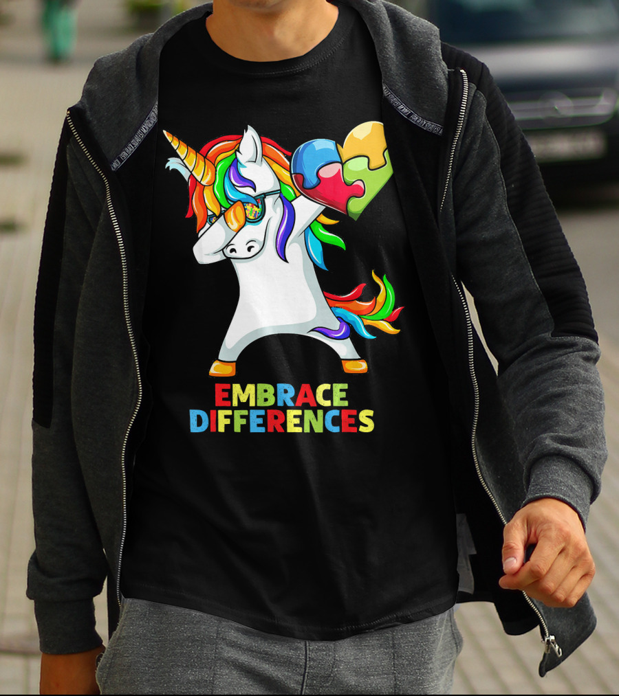 Dabbing Unicorn Embrace Differences Autism Puzzle Heart T-Shirt