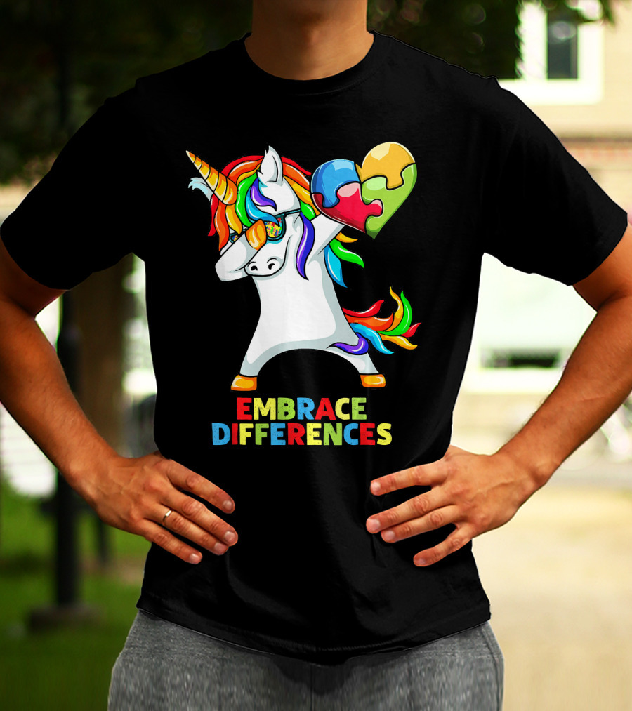 Dabbing Unicorn Embrace Differences Autism Puzzle Heart T-Shirt