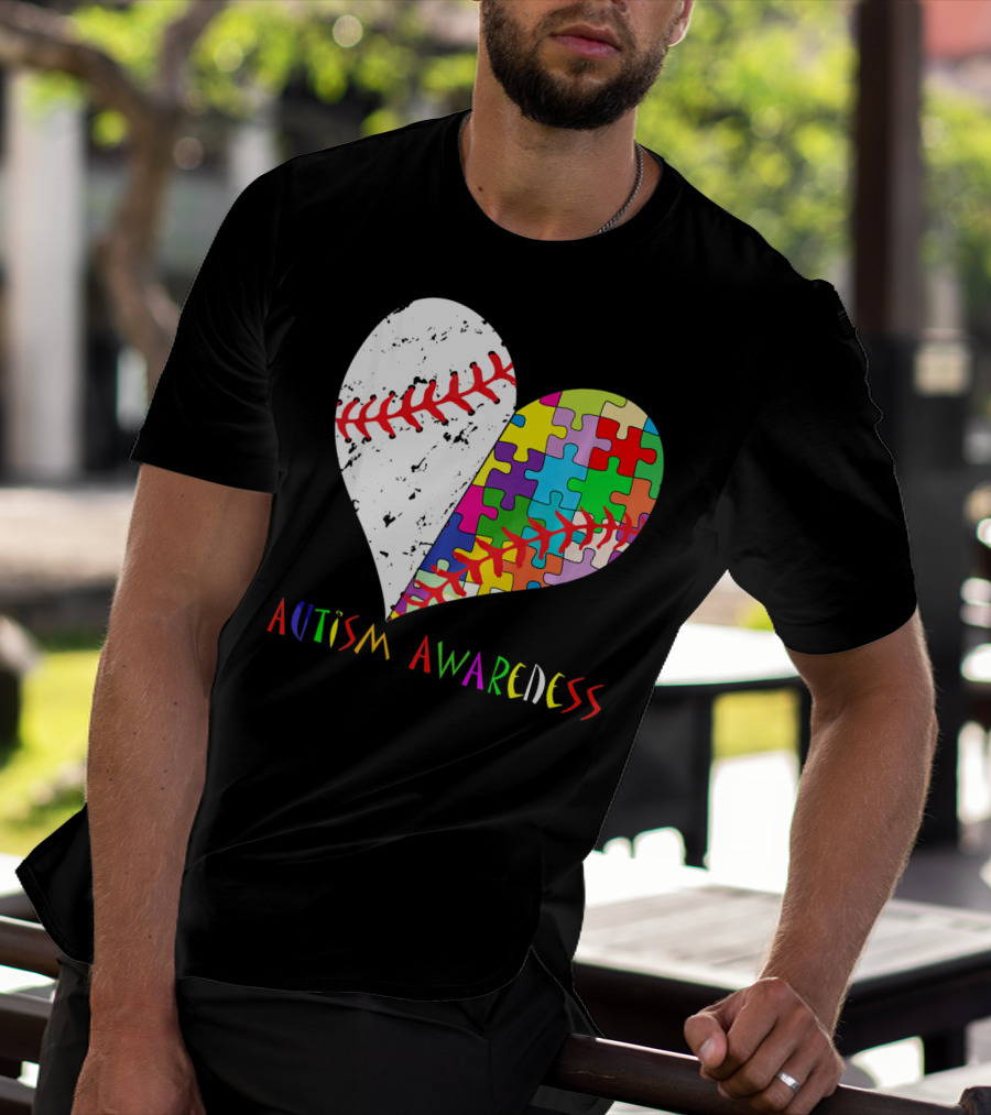 Swing For A Cause Baseball Heart Autism Awareness Puzzle Pieces T-Shirt