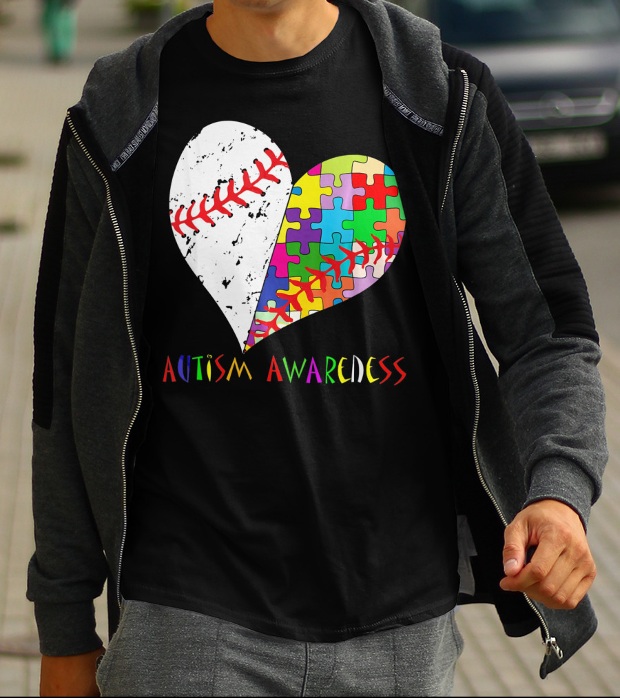 Swing For A Cause Baseball Heart Autism Awareness Puzzle Pieces T-Shirt