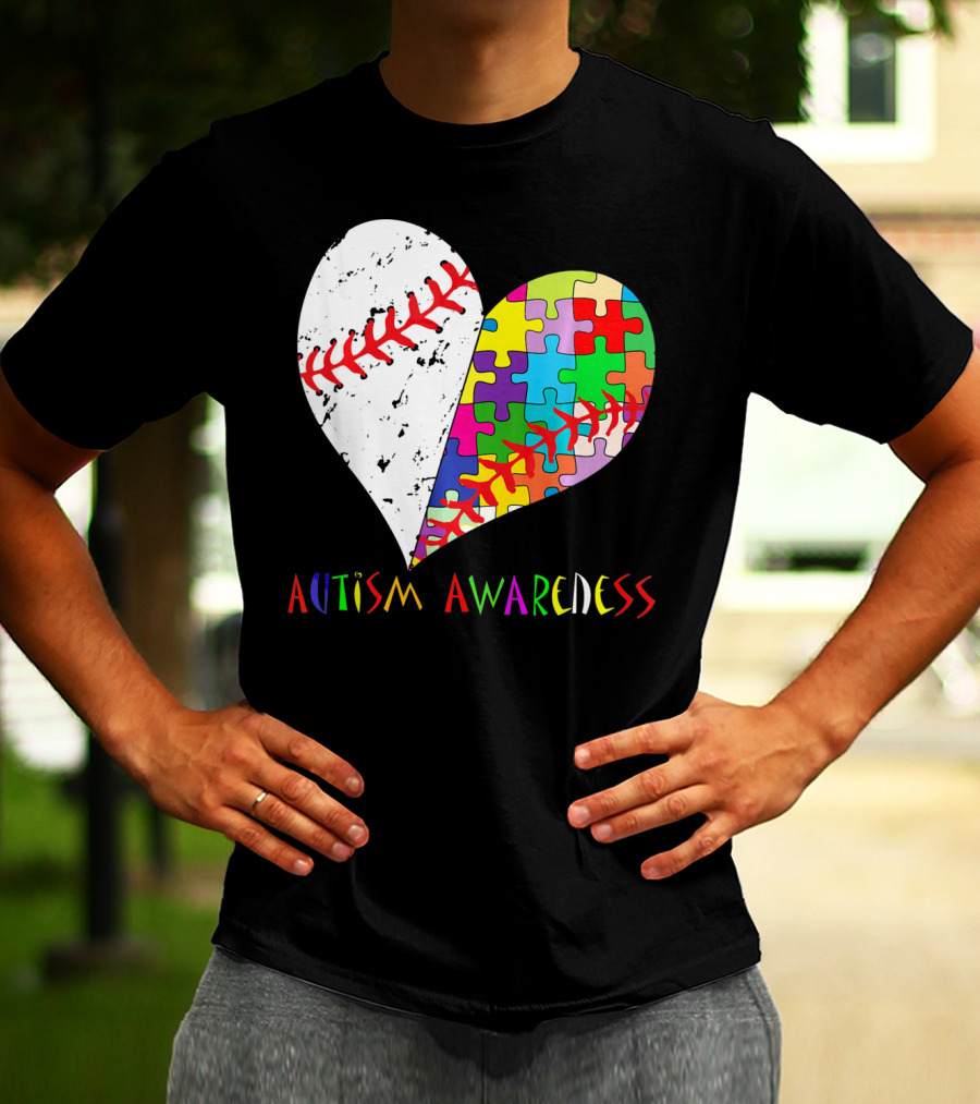 Swing For A Cause Baseball Heart Autism Awareness Puzzle Pieces T-Shirt