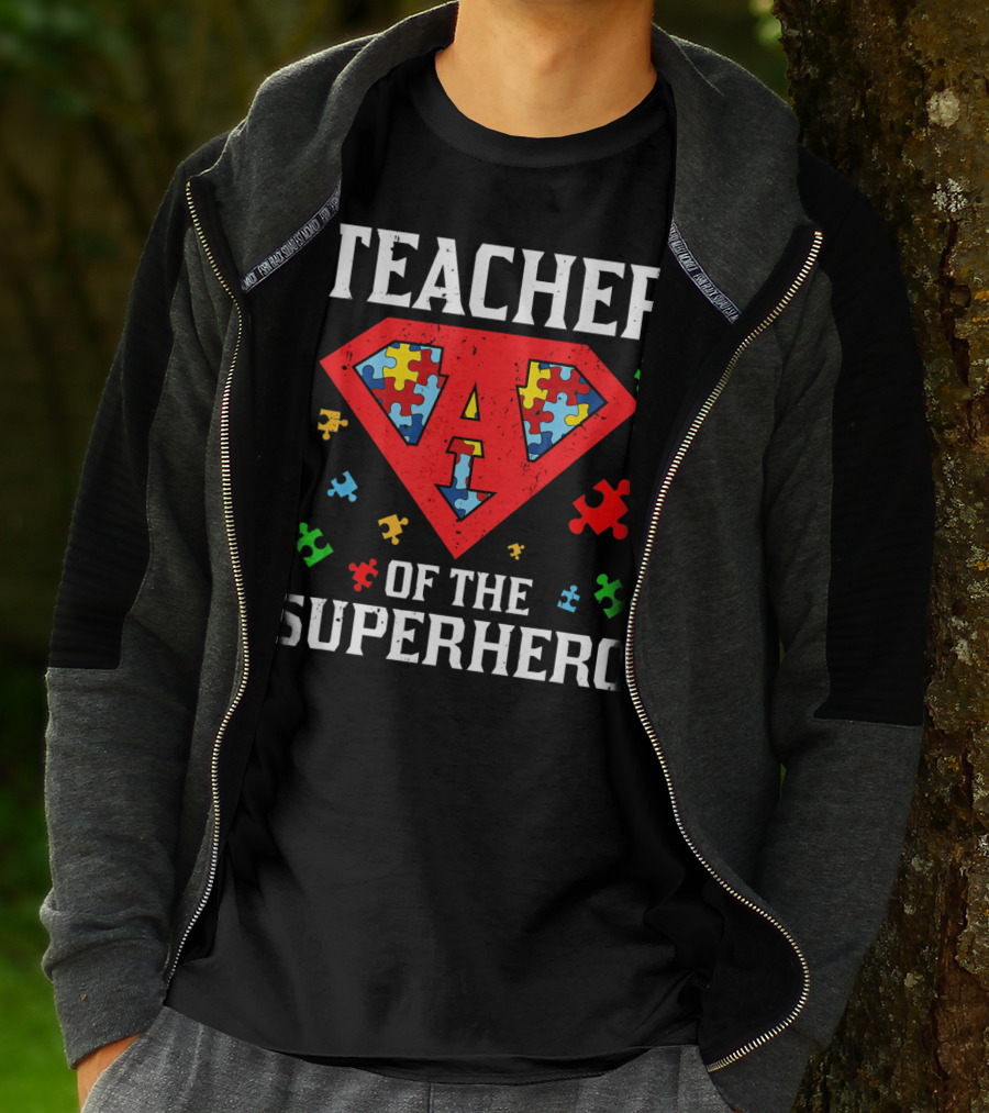 Teacher Of The Superhero With Puzzle Pieces Autism Awareness T-Shirt