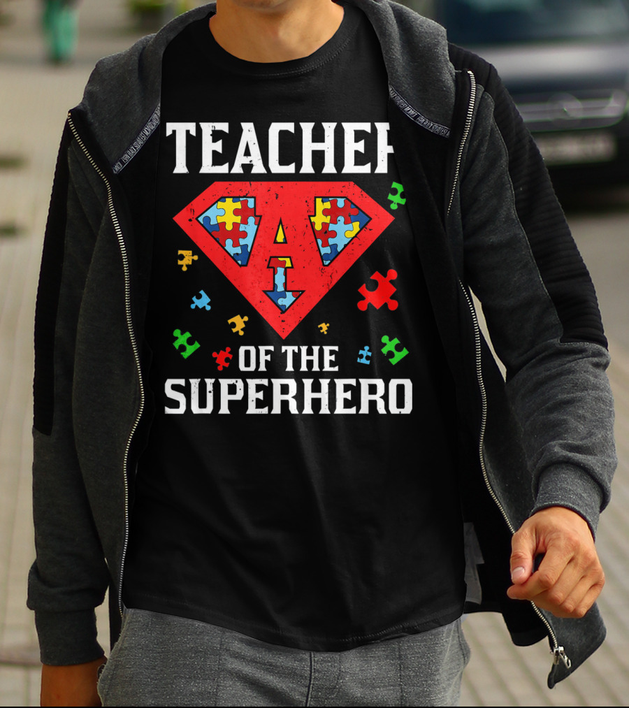 Teacher Of The Superhero With Puzzle Pieces Autism Awareness T-Shirt